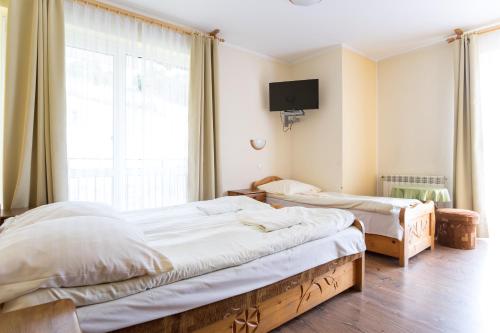 扎科帕内Willa Sport的一间卧室设有两张床,墙上配有电视。