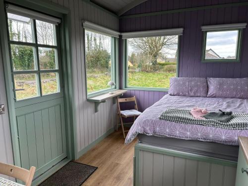 DrumahayreMarket Street Shepherd's Hut Leitrim的卧室设有紫色墙壁、床和窗户