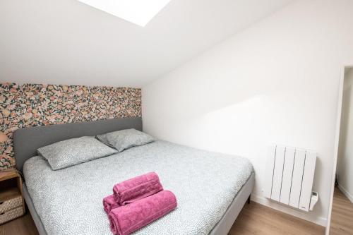里昂Casa Azul - Belle maisonnette colorée - Garibaldi的一间卧室配有一张床,床上铺有粉红色的毛巾