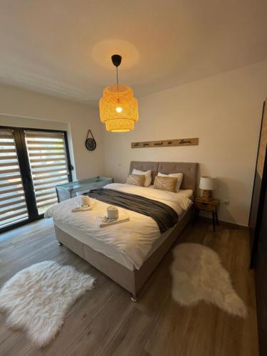 新格拉迪什卡Apartman Sandra的一间卧室配有一张大床和一个吊灯。