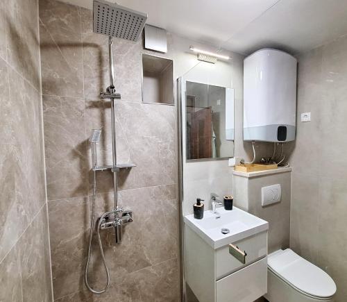 普利兹巴Apartman Ena by the Sea的带淋浴、卫生间和盥洗盆的浴室