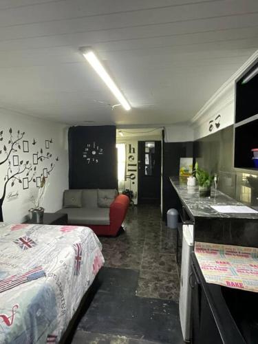 开普敦Bachelor Pad Rondebosch Self Catering的一间卧室配有一张床和一张沙发,还设有一间厨房