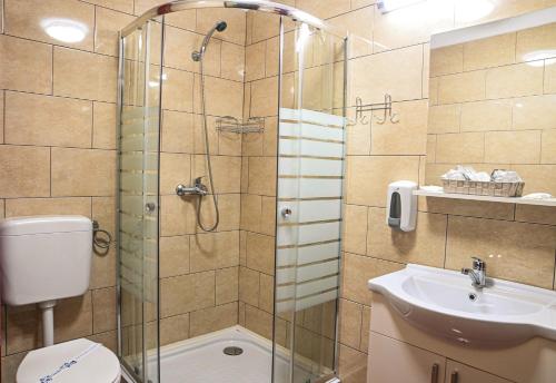 波亚纳布拉索夫Casa Verde Poiana Brasov的带淋浴、卫生间和盥洗盆的浴室