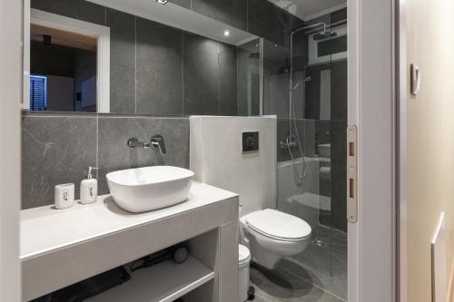 OrestiadaNo125 - City Centre Studio Apartment的一间带水槽、卫生间和淋浴的浴室
