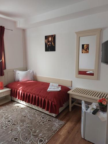 SăcueniVILA ONIX的一间卧室配有红色的床和镜子