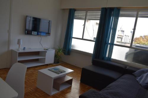 蒙得维的亚Hermoso apartamento en puerta de la Ciudad Vieja的带沙发和电视的客厅以及2扇窗户。