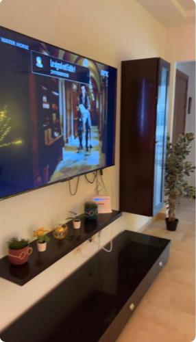 斯法克斯Dar Mim的墙上的大屏幕平面电视,墙上挂着盆栽植物