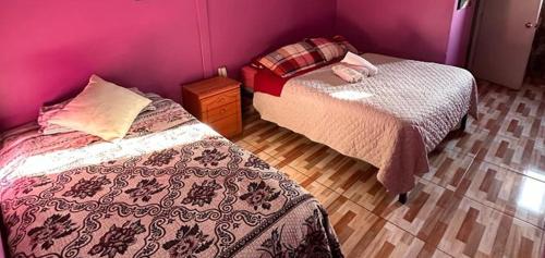 圣地亚哥Hotel 66的一间卧室设有两张床和紫色墙壁