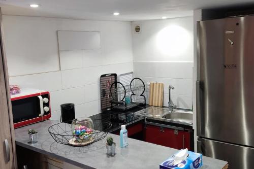 维勒班特Studio fonctionnel avec espace extérieur partagé的厨房配有冰箱和台面
