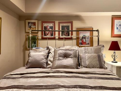 阿林顿Charming 1-bedroom Basement Close to DC Pets Allowed的一间卧室配有一张大床,提供许多枕头