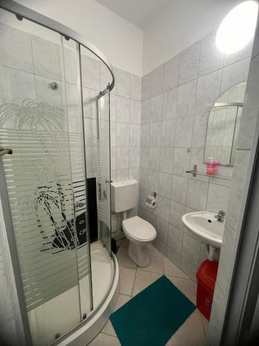 百乐费利克斯Union Birjar的带淋浴、卫生间和盥洗盆的浴室