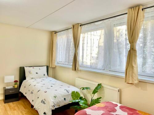 伦敦3BR flat in Central London close to Piccadily line的一间卧室设有一张床和两个窗户。