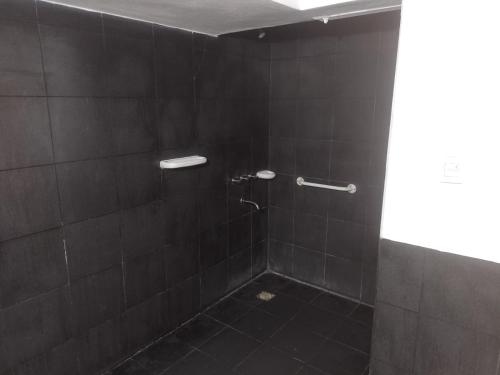 多洛雷斯镇Hotel Hualum的浴室设有黑色瓷砖淋浴。