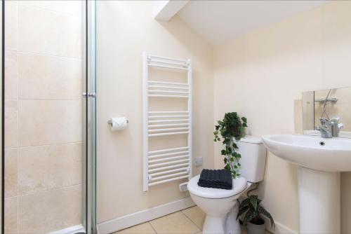 德比cheerful double en-suite with free wifi的带淋浴、卫生间和盥洗盆的浴室