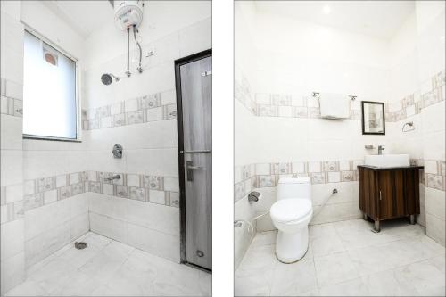 钱德加尔Hotel Wood Lark Zirakpur Chandigarh- A unit of Sidham Group of Hotels的浴室设有卫生间和淋浴,两幅图片