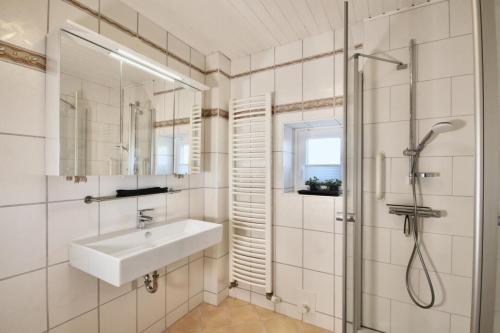 OesterdeichstrichDeichquartier的白色的浴室设有水槽和淋浴。
