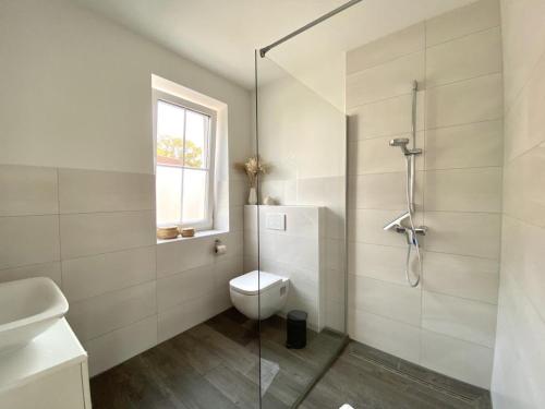 库克斯港Meerglück CUX的一间带卫生间和玻璃淋浴间的浴室