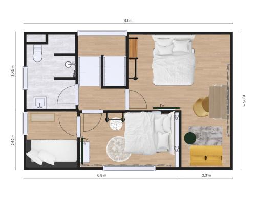 纽伦堡Xzllenz - 4 Schlafzimmer, Zentral, Parken, U-Bahn, 2 Bäder, 4 Smart-TV, optional Einzelbett的配有一张床的客房的平面图