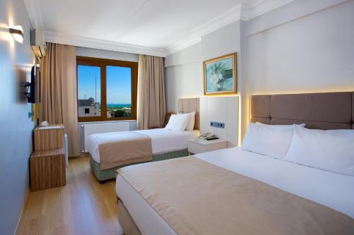 伊斯坦布尔大蚂蚁酒店的酒店客房设有两张床和窗户。