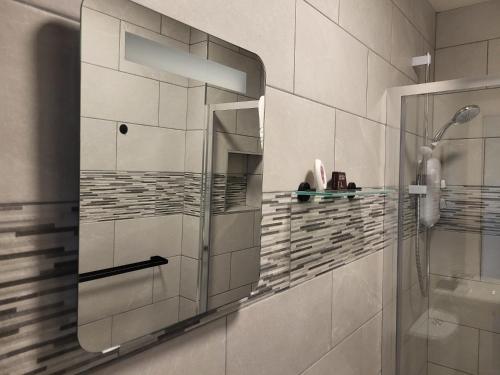 邓加文360 Town Stay Apartments & Studios的带淋浴的浴室和玻璃门