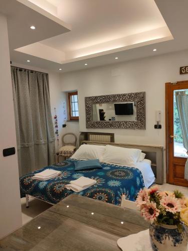 卡莱扎诺La petite suite的卧室配有一张床,墙上设有镜子