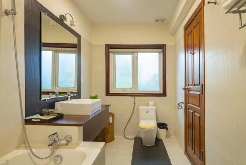 金边天际线精品酒店的一间带水槽、卫生间和镜子的浴室