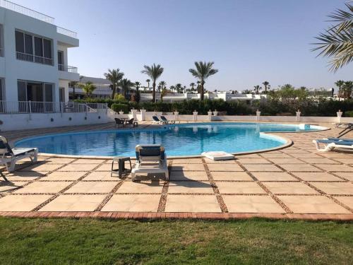沙姆沙伊赫samara villas luxury的一座大楼前的游泳池,配有两把躺椅