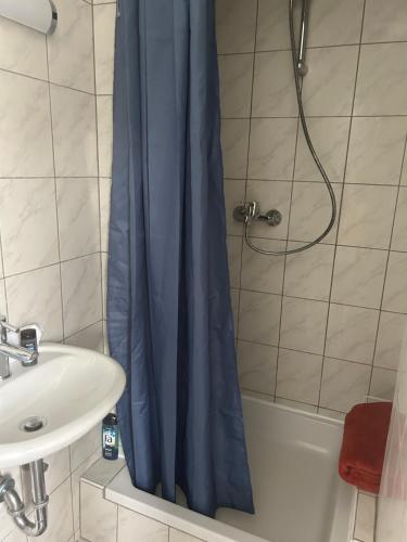 克尔斯特尔巴赫1 Zimmer wohnung In der Nähe vom Frankfurter Flughafen的浴室设有蓝色淋浴帘,毗邻水槽