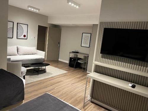 萨尔塔Guemes Hotel & Spa的客厅配有平面电视和沙发。