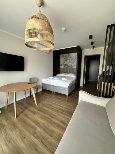 斯蒂格纳Apartamenty Belona的一间卧室配有一张床、一张桌子和一台电视