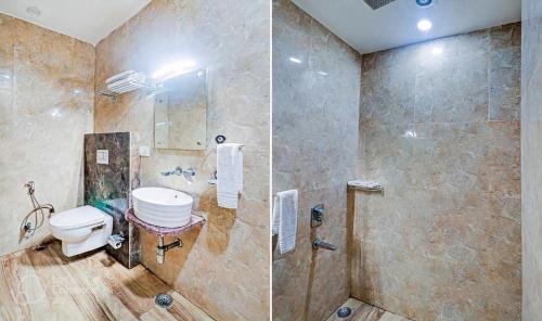 阿格拉Hotel Sahibs Royal Ville - Elegance by the Taj的一间带卫生间和淋浴的浴室