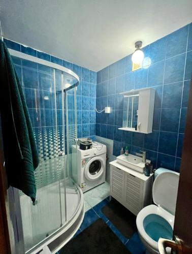 GiurgiuCozy studio flat的带淋浴卫生间和洗衣机的浴室