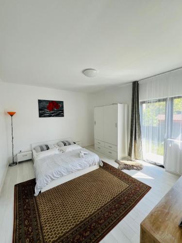 巴亚马雷Apartament zona de case-rezidențiala 2 km de Vivo Mall,curte privata的白色的卧室设有床和大窗户