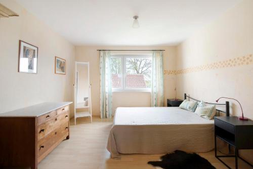 GerstettenBikerhäusle的一间卧室配有一张床、一个梳妆台和一扇窗户。
