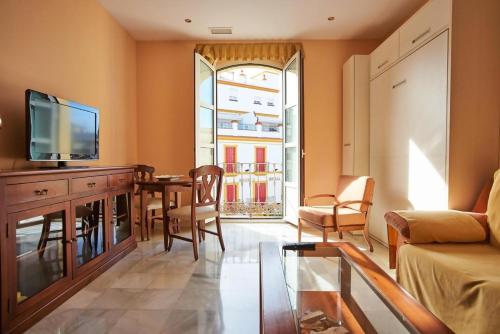 塞维利亚圣安德烈斯公寓酒店的客厅配有电视和桌椅