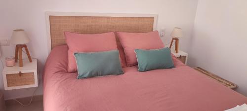 孔佩塔Ático jacuzzi Cómpeta的一间卧室配有粉红色的床和2个蓝色枕头
