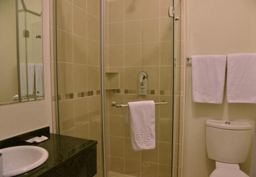 开普敦Road lodge Hotel Cape Town International Airport -Booked Easy的带淋浴、卫生间和盥洗盆的浴室
