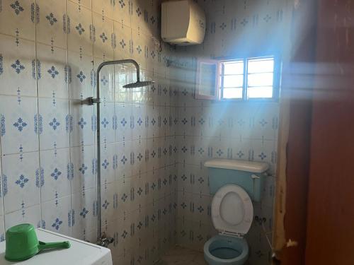 Kiembi SamakiWonder house zanzibar的浴室设有蓝色的卫生间和水槽。