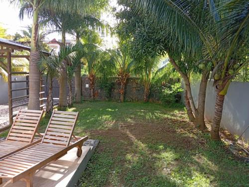 特鲁欧克比赫斯Villa Coco的两把木椅坐在棕榈树庭院里