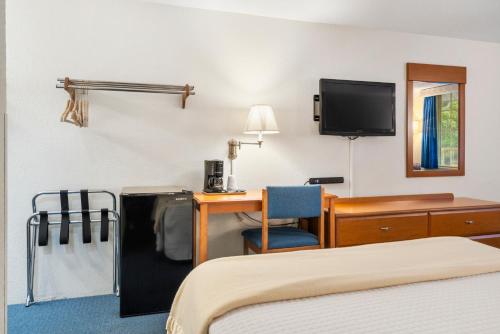 布兰森Autumn Creek Branson的酒店客房设有一张床、一张书桌和一台电视机。