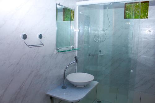 Careiro海豚酒店的一间带玻璃淋浴和水槽的浴室