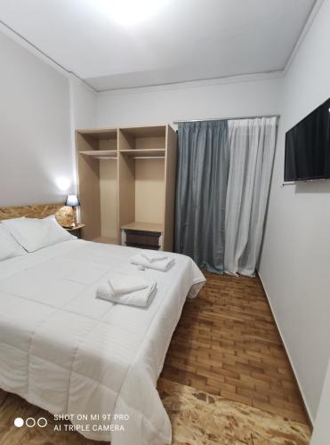 阿格里尼翁anamnesis Agrinio的卧室配有一张白色大床和电视。