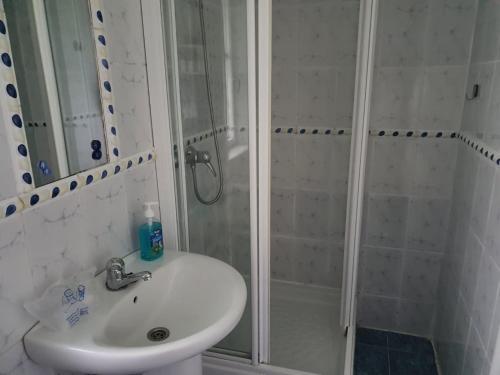 坎加斯-德奥尼斯alojamiento con jardin y barbacoa的带淋浴和盥洗盆的白色浴室