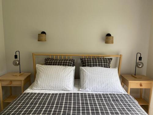 塔罗讷河畔绍蒙logement avec accès piscine的一张带两个枕头的床和墙上的两盏灯