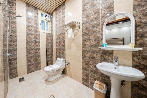 艾卜哈Masharef Abha Suites的一间带水槽、卫生间和镜子的浴室