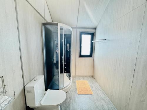 小琉球岛小杉丘民宿的一间带卫生间和玻璃淋浴间的浴室