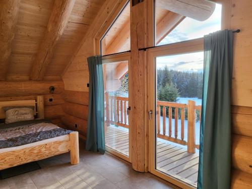 乌尔里希斯贝格Böhmerwald Lodges的一间卧室设有一张床和一个大型玻璃门