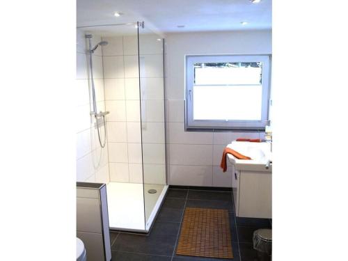 埃斯洛黑Krähenberg Country House的带淋浴和盥洗盆的浴室以及窗户。