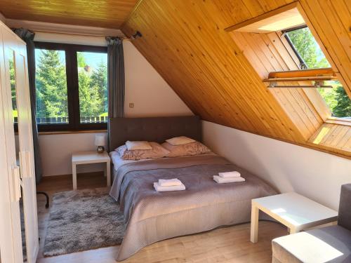 LubomierzForest House的一间卧室设有一张床和两个窗户。