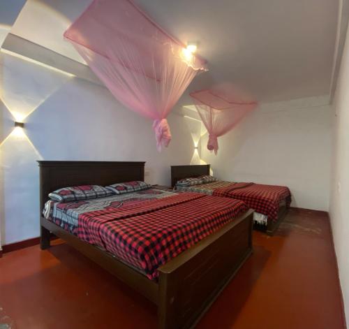 纳拉坦尼亚Blue Sky的卧室配有两张床,墙上挂有蚊帐。
